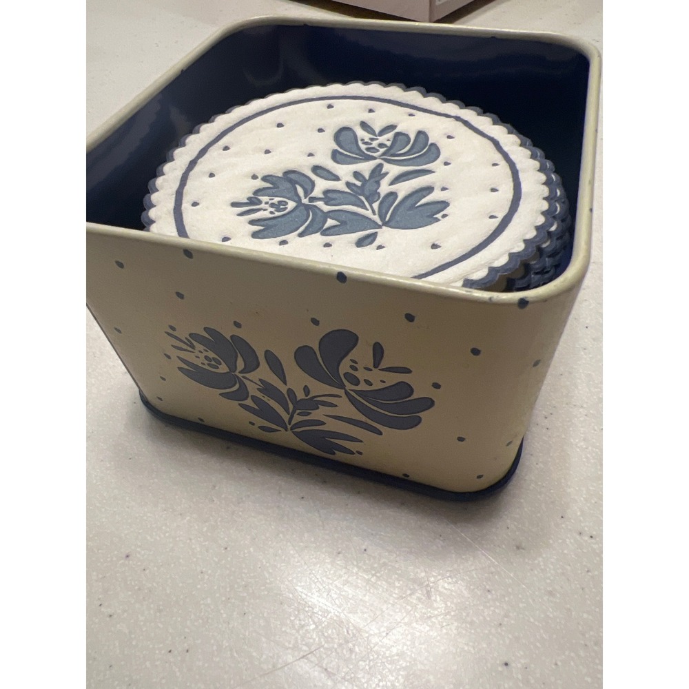 Vintage 1986 Pfaltzgraff Yorktowne Coaster Set with Tin Potpourri Press Blue